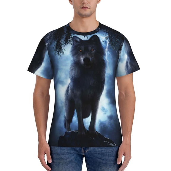 Yiaed Night Scene of Wolves Print Mens Short Sleeve Tight Fit T-Shirt, Crewneck Casual Tee-Medium