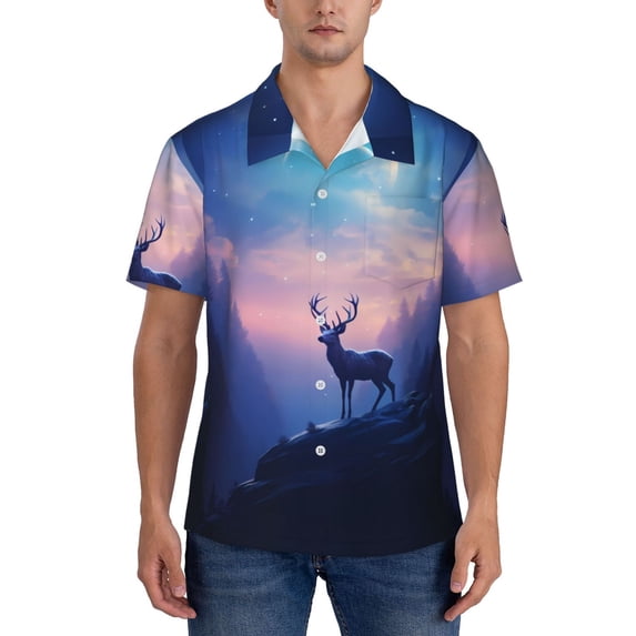 Yiaed Night Sky Elk Print Hawaiian Shirt for Men Short Sleeve Button Down Shirts Beach Shirts for Men-X-Large