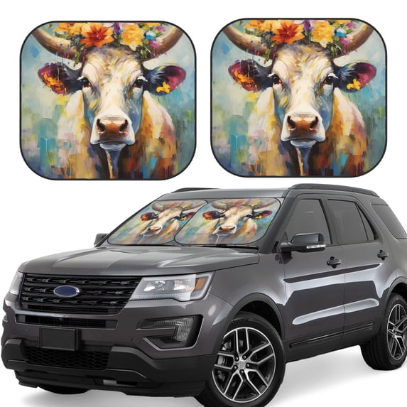 Yiaed Oil Painting Flower Cow Print Car Front Windshield Sun Shade,Foldable Anti-UV Car Sunshade for Front Window for Most Vehicles-Large