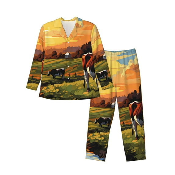 Yiaed Oil Painting Style Pasture Cow Print Men’s Pajamas Set - Long Sleeve Button Down Sleep Shirt and Pajama Bottoms Sleepwear Set Mens Pjs Sets Men's Pajama Bottoms-XX-Large