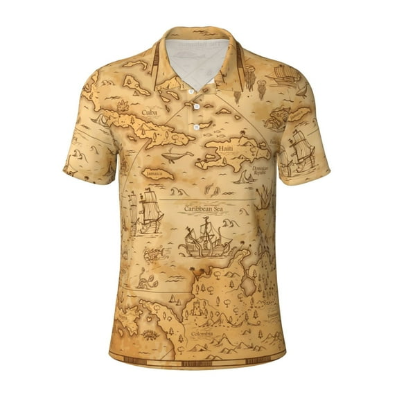 Yiaed Old Vintage Map Of SeaPrint Men's Short Sleeve Polo Shirt,Golf Polo for Men Three-Button Golf Shirt Athletic Casual Collared T-Shirt- 4X-Large