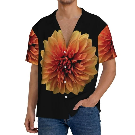 Yiaed Orange Dalia Print Mens Casual Wrinkle Free Shirts Short Sleeve Button Down Summer Stretch Dress Shirt-3X-Large