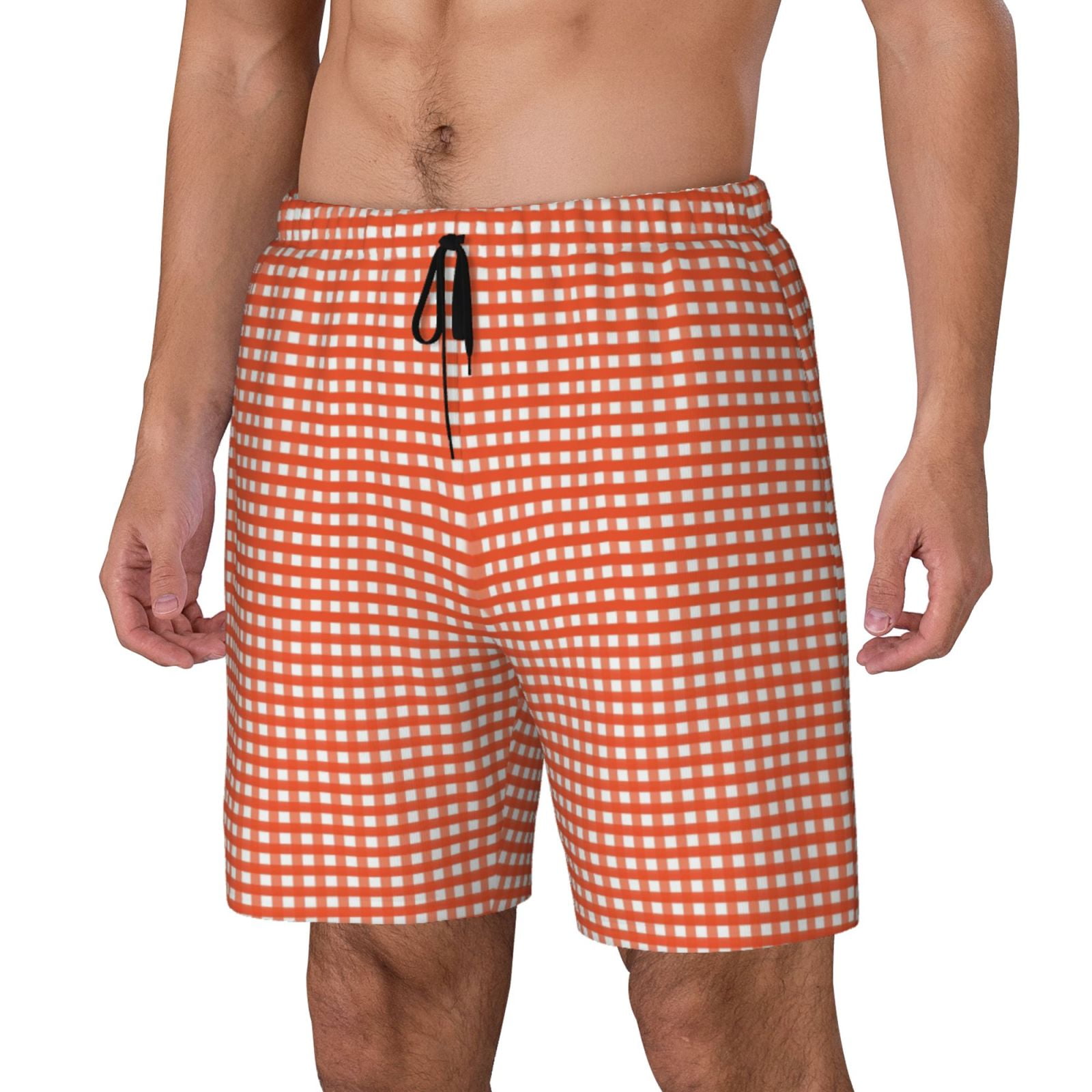 Yiaed Orange Gingham Print Mens Swim Trunks Bathing Suit Compression ...