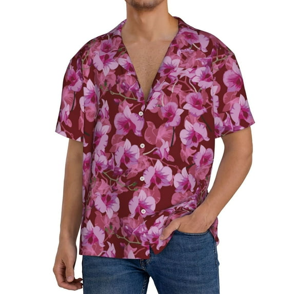 Yiaed Orchids Flowers Print Mens Casual Wrinkle Free Shirts Short Sleeve Button Down Summer Stretch Dress Shirt-3X-Large