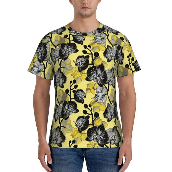 Yiaed Orchids Flowers Print Mens Short Sleeve Tight Fit T-Shirt, Crewneck Casual Tee-Small