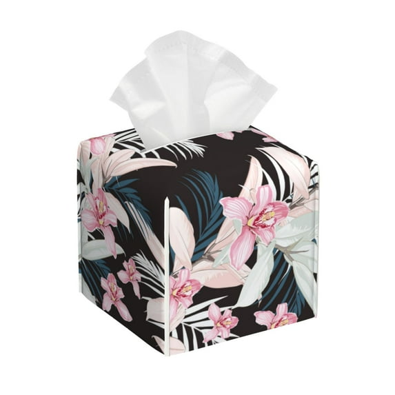 Yiaed Orchids Flowers Print Tissue Box Cover, PU Leather Decorative Organizer for Tabletop, Bathroom, Car, Office Creative Decorative