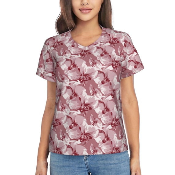 Yiaed Orchids Flowers Print Women's T Shirt V-Neck Short Sleeve Shirt Casual Breathable Tee Summer Tops-X-Large