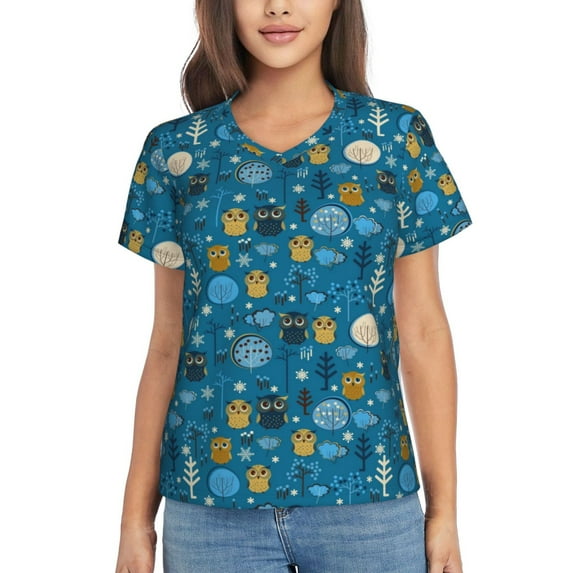 Yiaed Owls And Trees Print Women's T Shirt V-Neck Short Sleeve Shirt Casual Breathable Tee Summer Tops-XX-Large