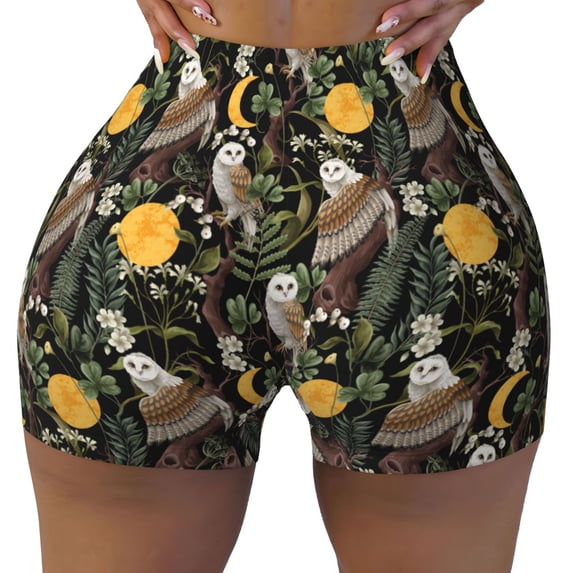 Yiaed Owls And Plants Print Women's Athletic Shorts Running Shorts Sporty Short High Waisted Elastic Workout Shorts for Yoga Gym Running & Sports -Small