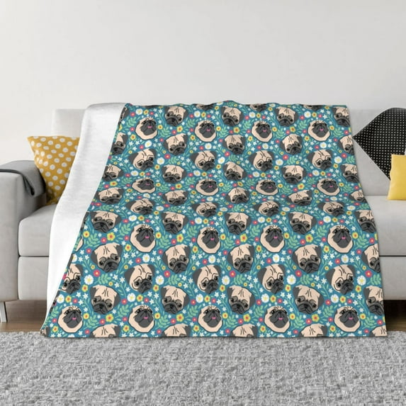 Yiaed PUG HEAD And Flower Print Blanket Throw Blanket Soft Cozy Flannel Blanket for Home Bed Sofa Couch Chair-50"x40"