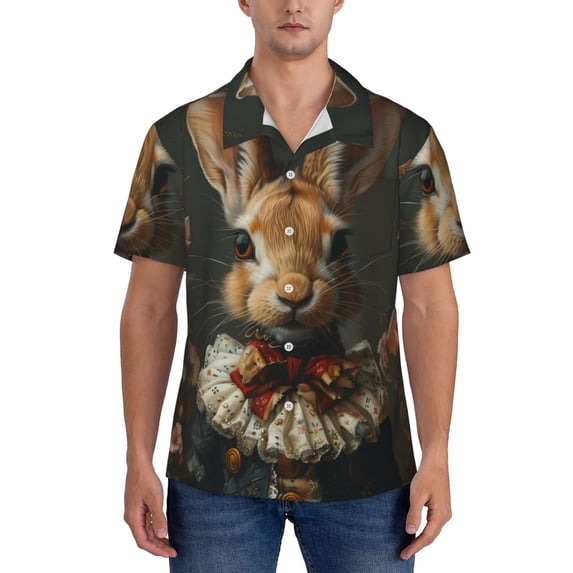 Yiaed Palatial Style Flower Rabbit Print Hawaiian Shirt for Men Short Sleeve Button Down Shirts Beach Shirts for Men-Medium
