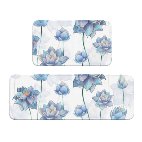 Yiaed Pale Blue Lotus Flowers Kitchen Rugs Sets of 2 Kitchen Mats Cushioned Anti Fatigue Kitchen Rug Tapetes Para Cocina for Sink,Laundry Room