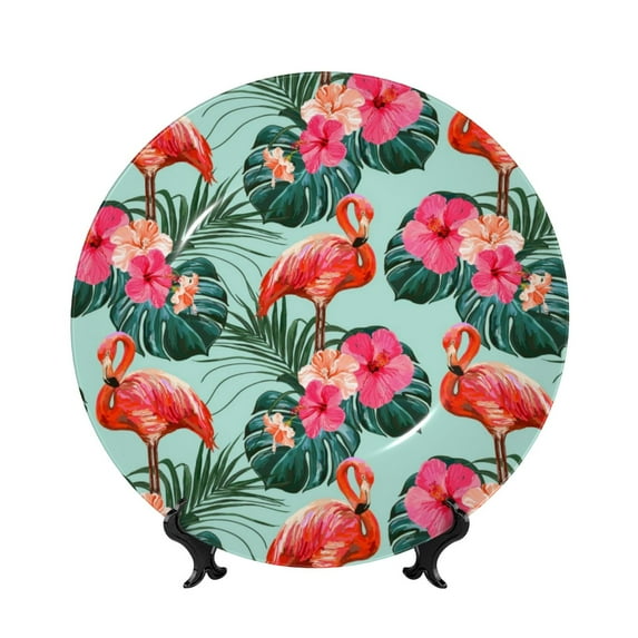 Yiaed Palm Leaves Flamingo Print Bone China Decorative Plate Ceramic Dinner Plates Art Crafts with Display Stand-7in