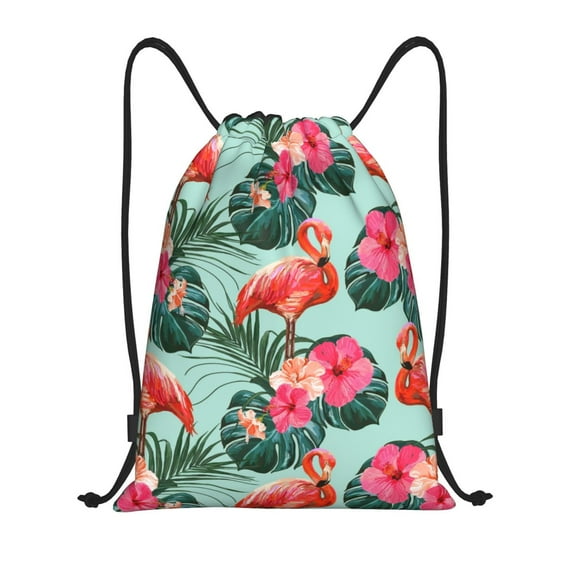 Yiaed Palm Leaves Flamingo Print Drawstring Bags Drawstring Backpack Bulk String Back Pack Gym Sport Bag-Medium