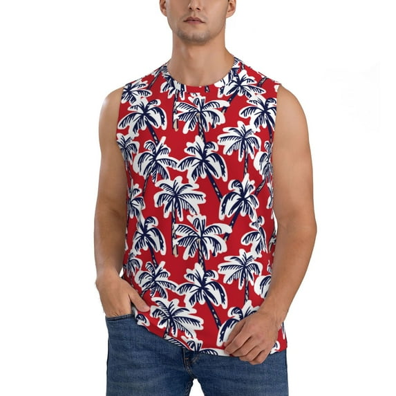 Yiaed Palm Tree Pattern on Red Print Men's Singlet Vests Summer Running Muscle Tank Tops Gym Undershirt Round Neck Sleeveless for man