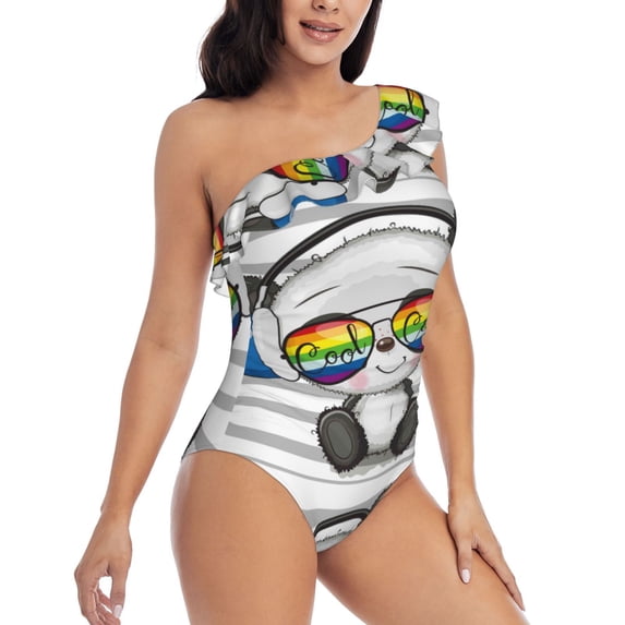 Yiaed Panda with Sun glasses Print Women One Piece Swimsuits Tummy Control One Shoulder Bathing Suits Pattern Ruffle Swimwear-Medium
