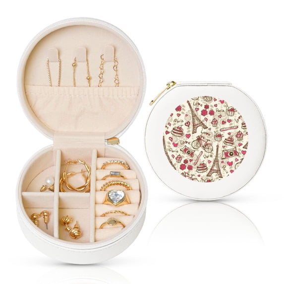 Yiaed Paris Vintage Print Travel Jewelry Case Bridesmaid Gift Boxes Jewelry Travel Organizer Small Round Jewelry Box Mini Storage-White