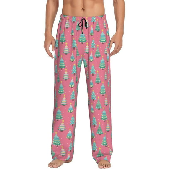 Yiaed Pastel Christmas Trees on Pink Print Men's Lounge Pants, Loose PJ Bottoms, Long Pajama Pants for Men-XX-Large