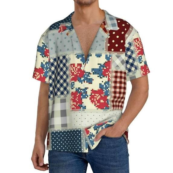 Yiaed Patchwork In Country Style Print Mens Casual Wrinkle Free Shirts Short Sleeve Button Down Summer Stretch Dress Shirt-3X-Large