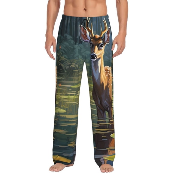 Yiaed Peaceful Deer Lily Pond Print Men's Lounge Pants, Loose PJ Bottoms, Long Pajama Pants for Men-