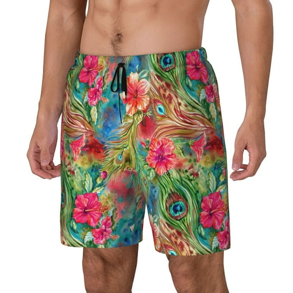 Yiaed Peacock Feathers And Flowers Print Mens Swim Trunks Bathing Suit Compression Liner Beach Swim Shorts Swimwear Quick Dry Zipper Pocket No-Chafing Board Short-Medium