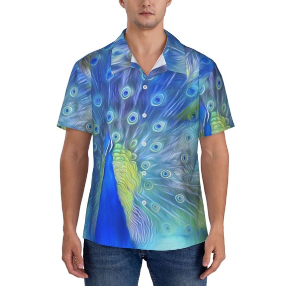 Yiaed Peacock Print Hawaiian Shirt for Men Short Sleeve Button Down Shirts Beach Shirts for Men-Small