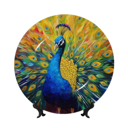 Yiaed Peacocks Print Bone China Decorative Plate Ceramic Dinner Plates Art Crafts with Display Stand-6in