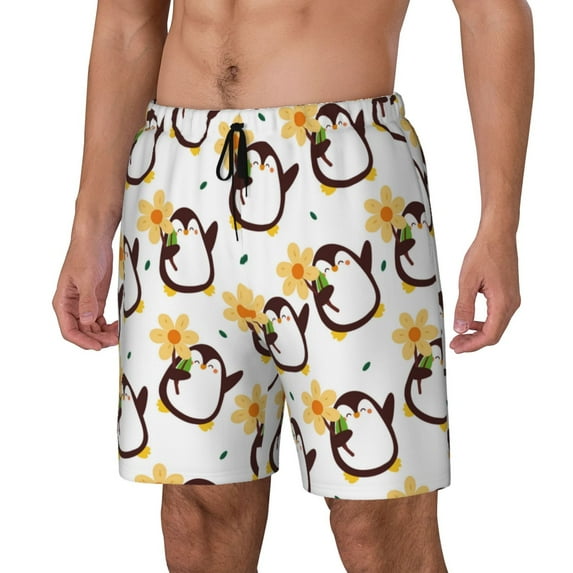 Yiaed Penguin With Flowers Print Mens Swim Trunks Bathing Suit Compression Liner Beach Swim Shorts Swimwear Quick Dry Zipper Pocket No-Chafing Board Short-3X-Large