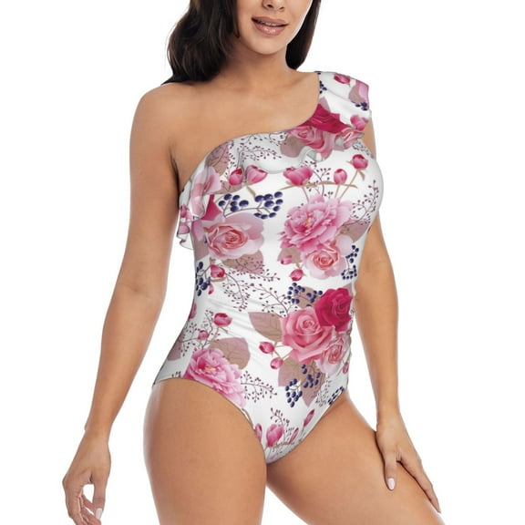 Yiaed Peonies And Roses Print Women One Piece Swimsuits Tummy Control One Shoulder Bathing Suits Pattern Ruffle Swimwear-Medium