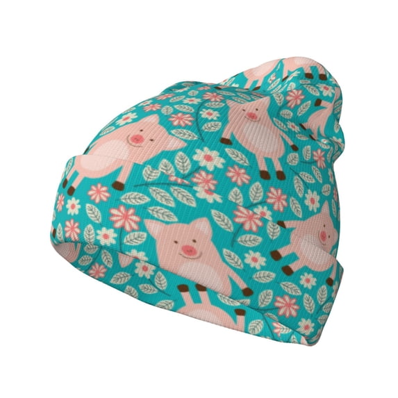 Yiaed Pig And Flower Print Winter Beanie for Men Women, Fleece Lined Beanie Soft Warm Knit Hat Ski Stocking Cuffed Ca