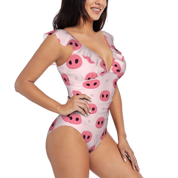 Yiaed Pig Noses Print Women's Ruffled One Piece Swimsuit V Neck Swimwear Slimming Monokini for Woman-XX-Large