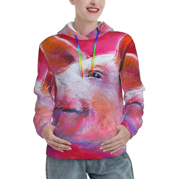Yiaed Pig Print Womens Casual Hoodies Crew Neck Long Sleeve Sweatshirts With Pocket Pullover Tops Women's Hooded Sweatshirt-Small
