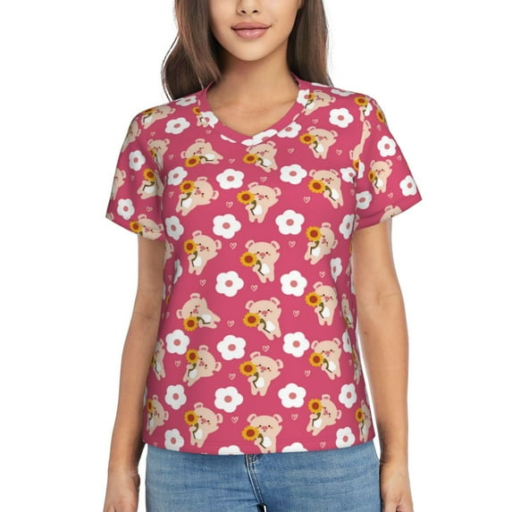 Yiaed Piggy Sunflower Print Women's T Shirt V-Neck Short Sleeve Shirt Casual Breathable Tee Summer Tops-Large