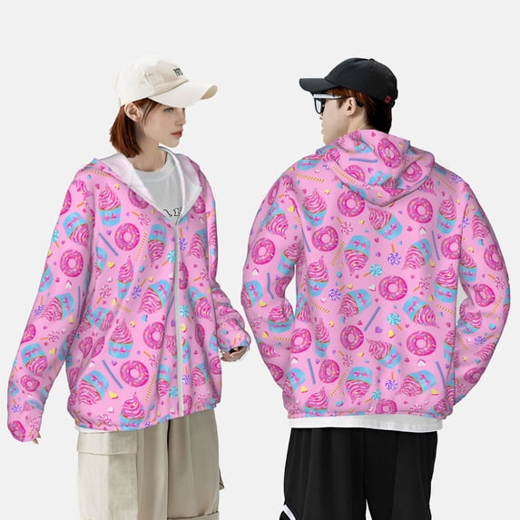 Yiaed Pink Donuts Print Sun Shirts UPF 50+ Protection Hoodie Rash Guard Shirt UV Shirt Long Sleeve Fishing Outdoor Lightweightase-Medium
