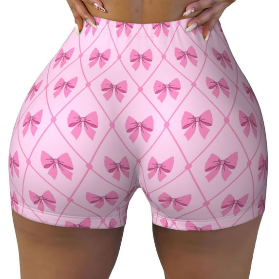 Yiaed Pink bows Print Women's Athletic Shorts Running Shorts Sporty Short High Waisted Elastic Workout Shorts for Yoga Gym Running & Sports -Small