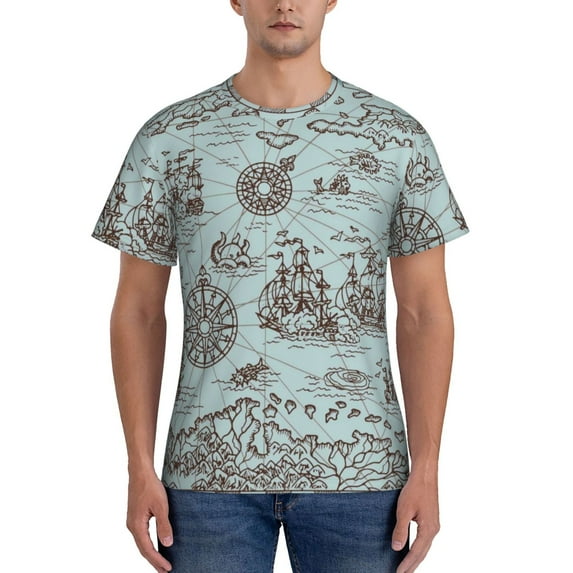 Yiaed Pirate Adventure Map Print Mens Short Sleeve Tight Fit T-Shirt, Crewneck Casual Tee-X-Large