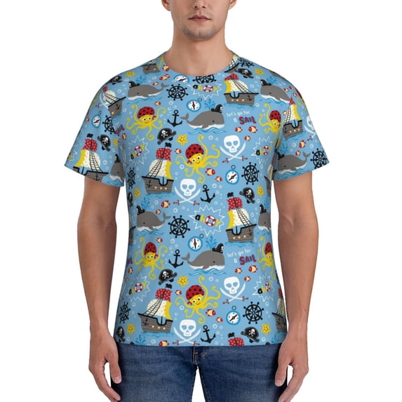 Yiaed Pirate Marine Animals Print Mens Short Sleeve Tight Fit T-Shirt, Crewneck Casual Tee-Small