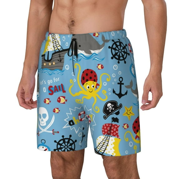 Yiaed Pirate Marine Animals Print Mens Swim Trunks Bathing Suit Compression Liner Beach Swim Shorts Swimwear Quick Dry Zipper Pocket No-Chafing Board Short-