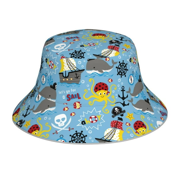 Yiaed Pirate Marine Animals Print Reflective Stripe Bucket Hat Unisex Funny Outdoor Fisherman Cap Beach Sun Hat