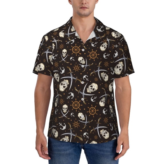 Yiaed Pirate Skulls Print Hawaiian Shirt for Men Short Sleeve Button Down Shirts Beach Shirts for Men-XX-Large