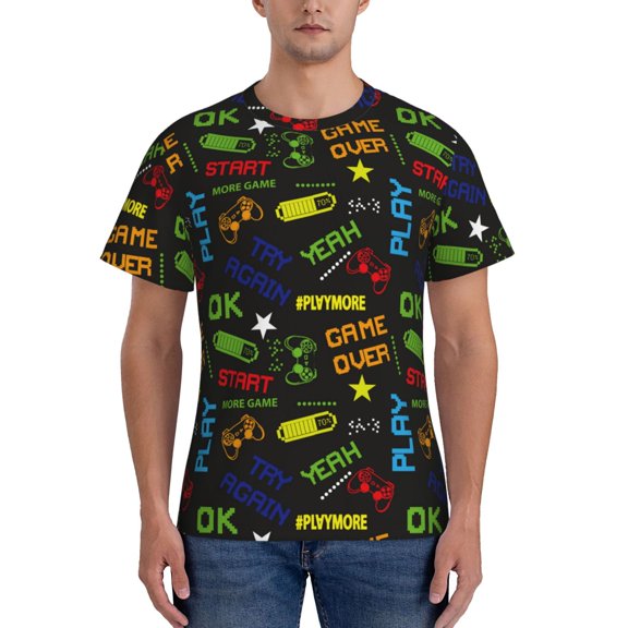 Yiaed Pixel Game Print Mens Short Sleeve Tight Fit T-Shirt, Crewneck Casual Tee-Large