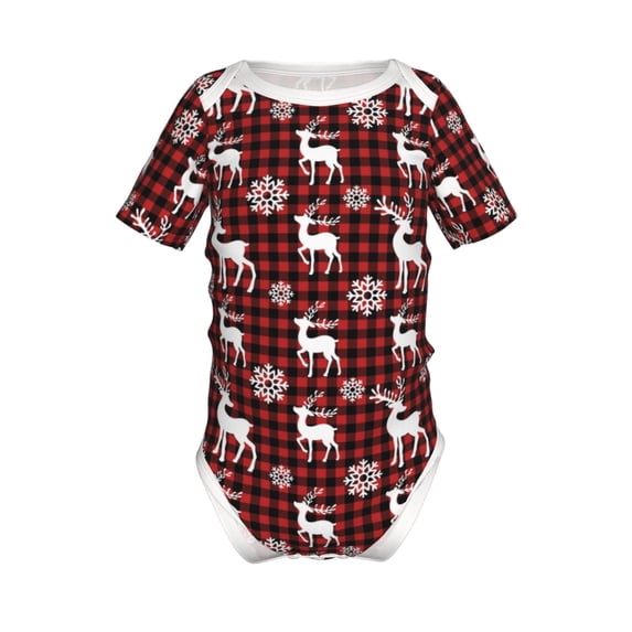 Yiaed Plaid Reindeer Snowflakes Print Infant Climbing Short Sleeve Onesie One-Piece Baby Bodysuit Clothes 0-12 Months -