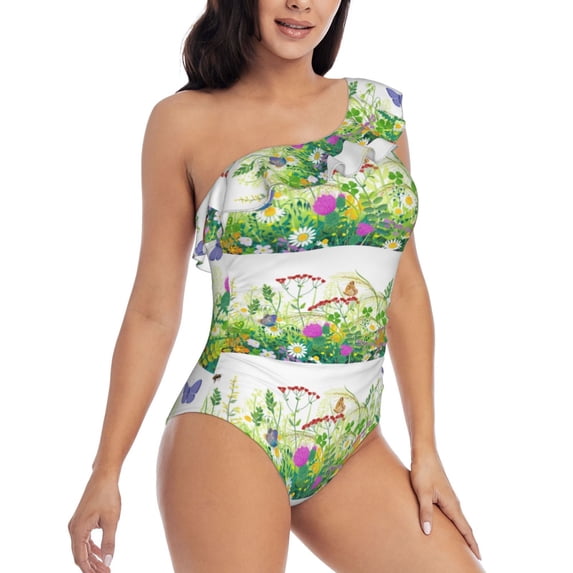 Yiaed Plants and Insects Print Women One Piece Swimsuits Tummy Control One Shoulder Bathing Suits Pattern Ruffle Swimwear-Medium