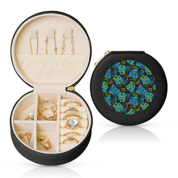 Yiaed Play Game Print Travel Jewelry Case Bridesmaid Gift Boxes Jewelry Travel Organizer Small Round Jewelry Box Mini Storage-Black