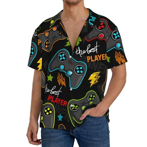 Yiaed Play Game3 Print Mens Casual Wrinkle Free Shirts Short Sleeve Button Down Summer Stretch Dress Shirt-Small