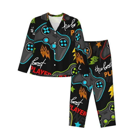 Yiaed Play Game3 Print Pajamas Women's Long Sleeve Sleepwear Soft Button Down Loungewear Pjs Lounge Set Nightwear Womens Pajama Pants-Medium