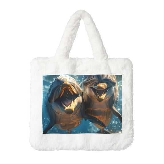 Yiaed Playful Dolphins Underwater Print Fluffy Shoulder Bag Plush Bags Women Ladies Tote Bag Fluffy White Furry Purse Handbag for Autumn and Winter