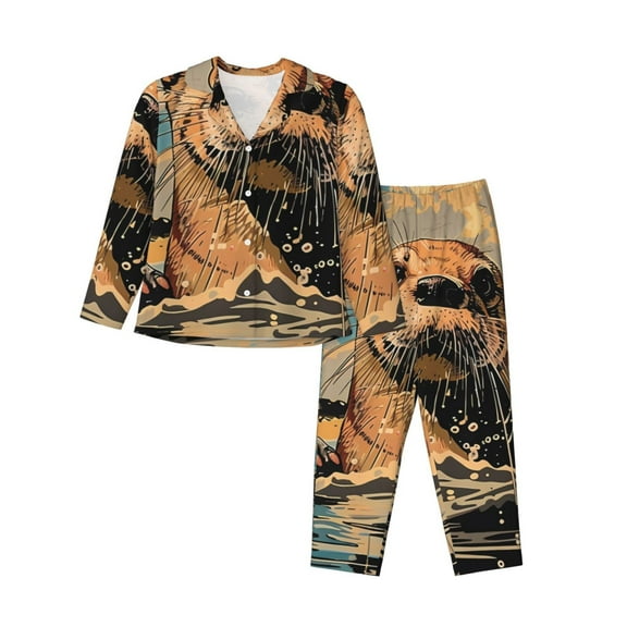 Yiaed Playful Otter Tropical Beach Print Pajamas Women's Long Sleeve Sleepwear Soft Button Down Loungewear Pjs Lounge Set Nightwear Womens Pajama Pants-X-Large