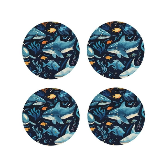 Yiaed Playful Whales Underwater Scene Print Leather Coasters for Drinks - Cup Coasters Coffee Table Kitchen Table Bar, Home & Office Gifts Handmade Drink Coasters-Round Shape