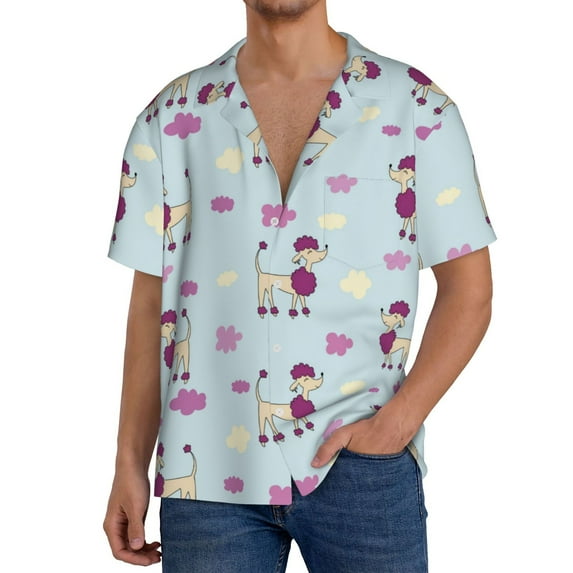 Yiaed Poodle Dog Print Mens Casual Wrinkle Free Shirts Short Sleeve Button Down Summer Stretch Dress Shirt-3X-Large